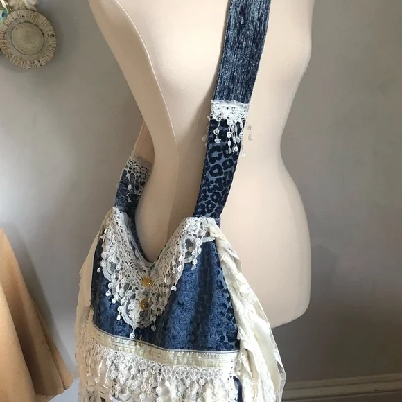 Bohemian Blue Animal Print Cross body Bag w/white lace,ribbon & blue aventurine